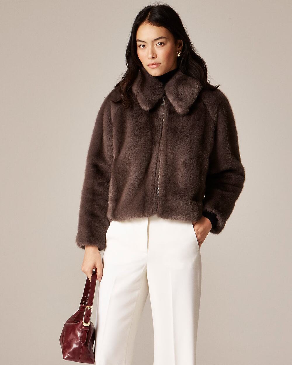 NWT J Crew Zip-up Jacket in Faux Fur Espresso Brown S
